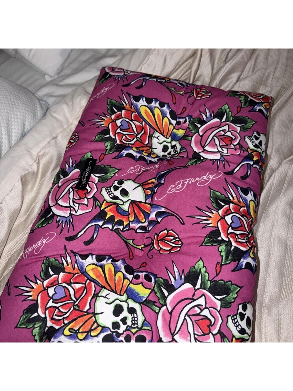 Ed Hardy Crate Pet Mat Pink Skull Wings Roses Embossed 25”x 16” New